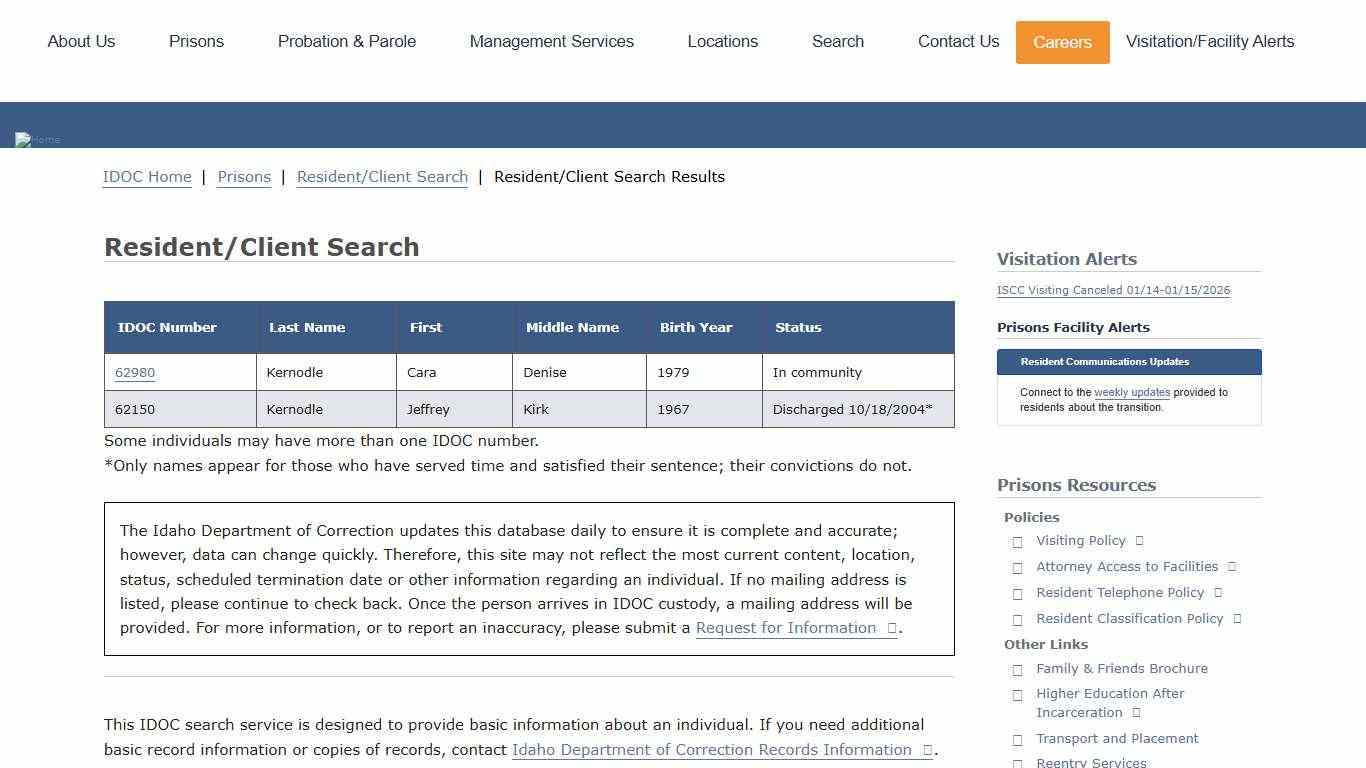 Resident/Client Search Results Idaho Department of Correction
